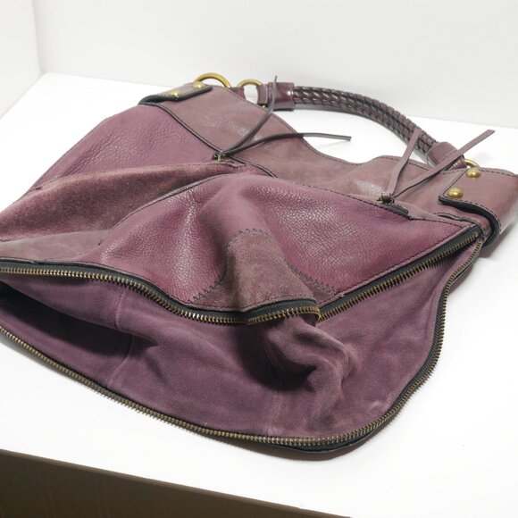 Leather Suede Fossil Fifty Four Shoulder Bag Patchwork Purse Side Zipper Plum - Picture 12 of 12